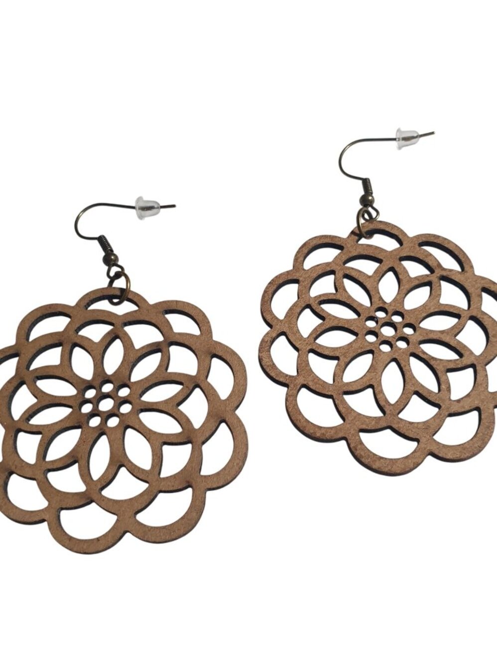 Cutout Floral Dangle Earrings Lightweight Chipboard Boho Intricate Brown Hook